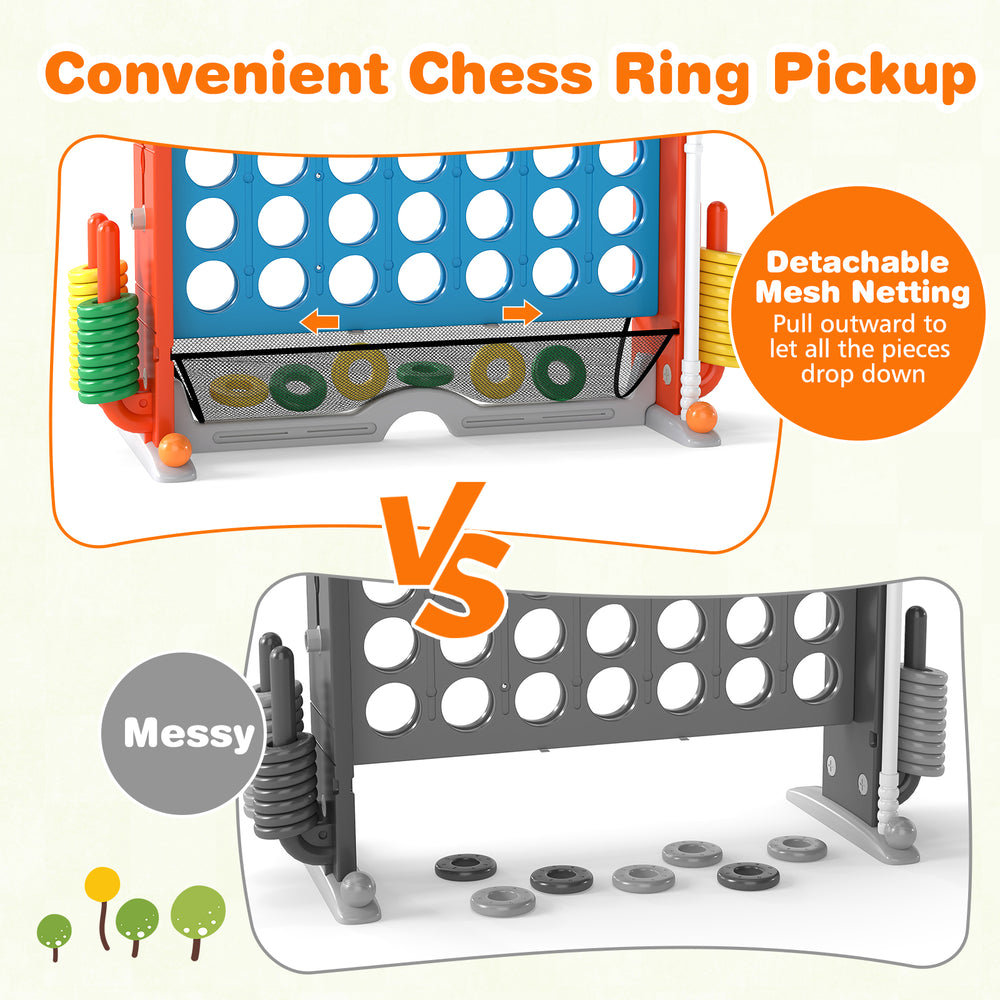 Jumbo 4-to-Score game in blue and orange with detachable mesh netting for easy ring collection and adjustable height.