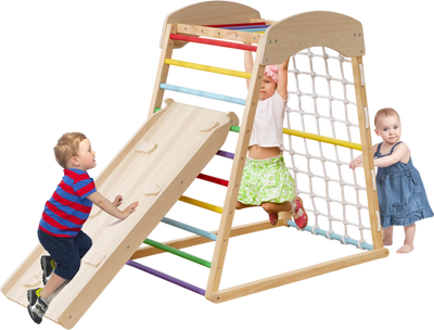 Costway 6-in-1 Wooden Indoor Jungle Gym Playground Ramp Monkey Bars 13642859 New