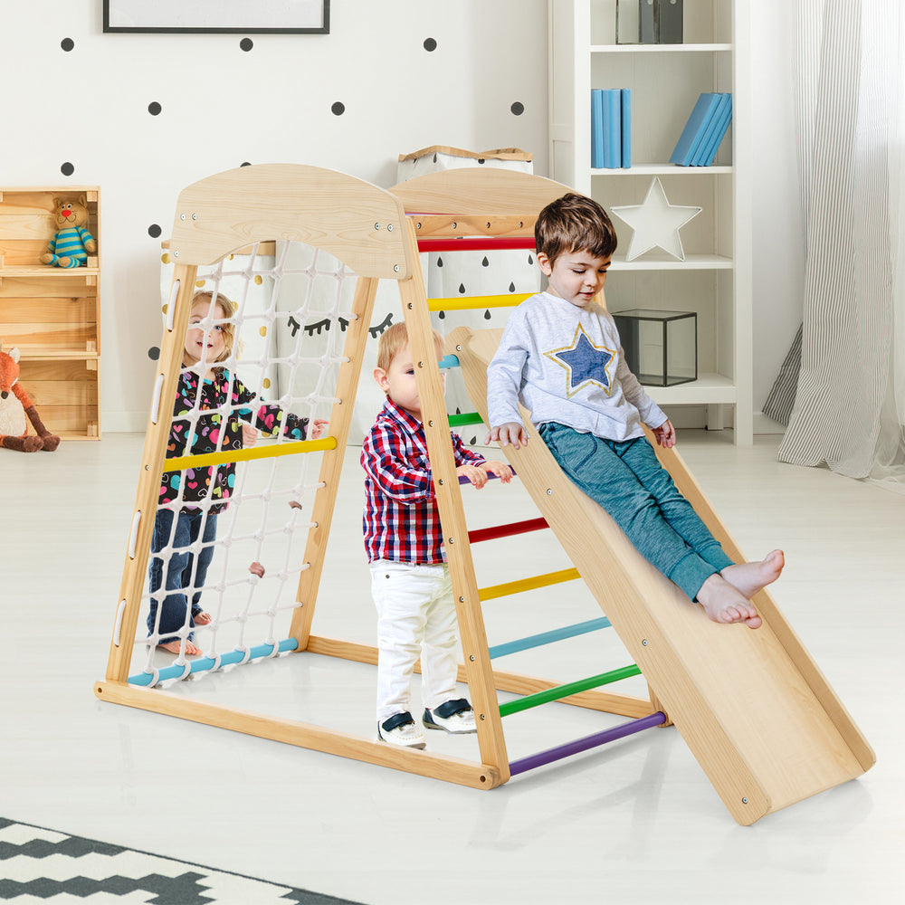 Wooden 6-in-1 jungle gym with double-sided ramp and monkey bars, designed for indoor play and toddler safety.
