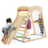 Wooden 6-in-1 jungle gym with multicolor monkey bars and double-sided ramp, ideal for indoor play and climbing fun.