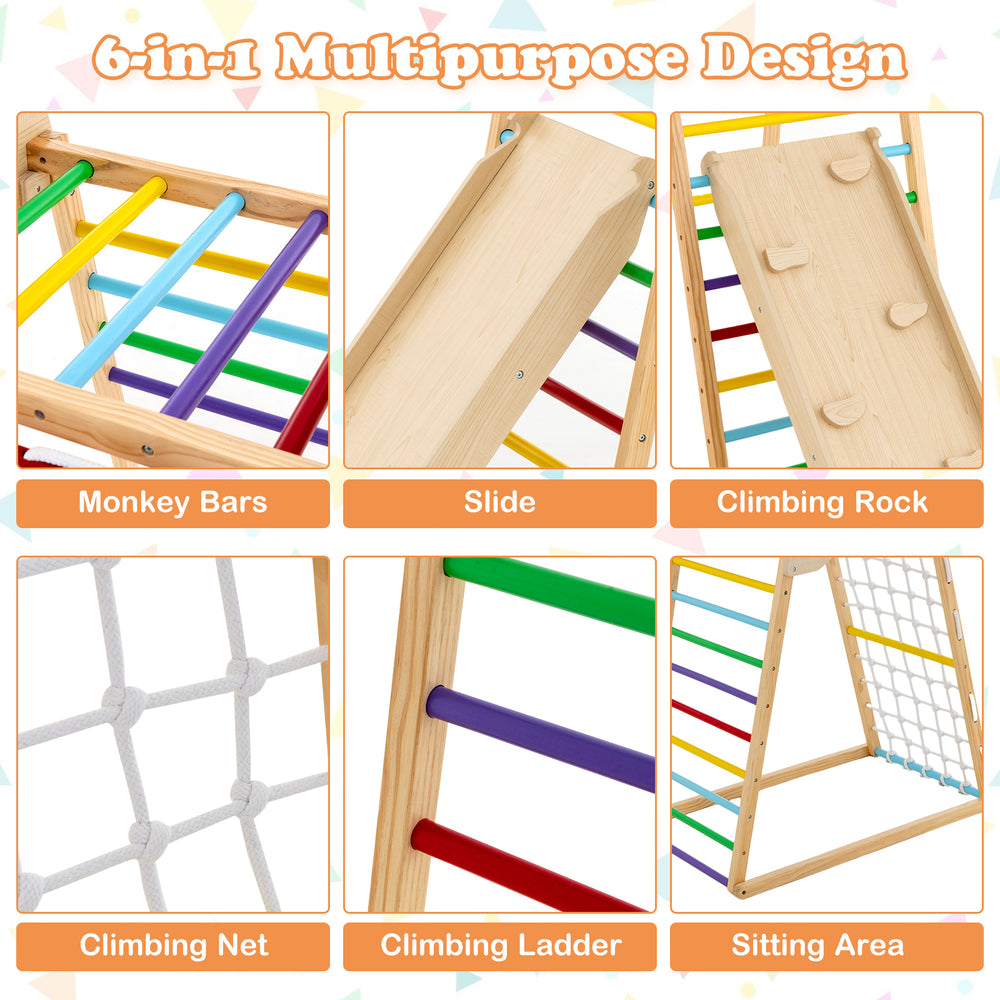 6-in-1 jungle gym featuring monkey bars, slide, and climbing rock, designed for indoor fun and toddler safety.