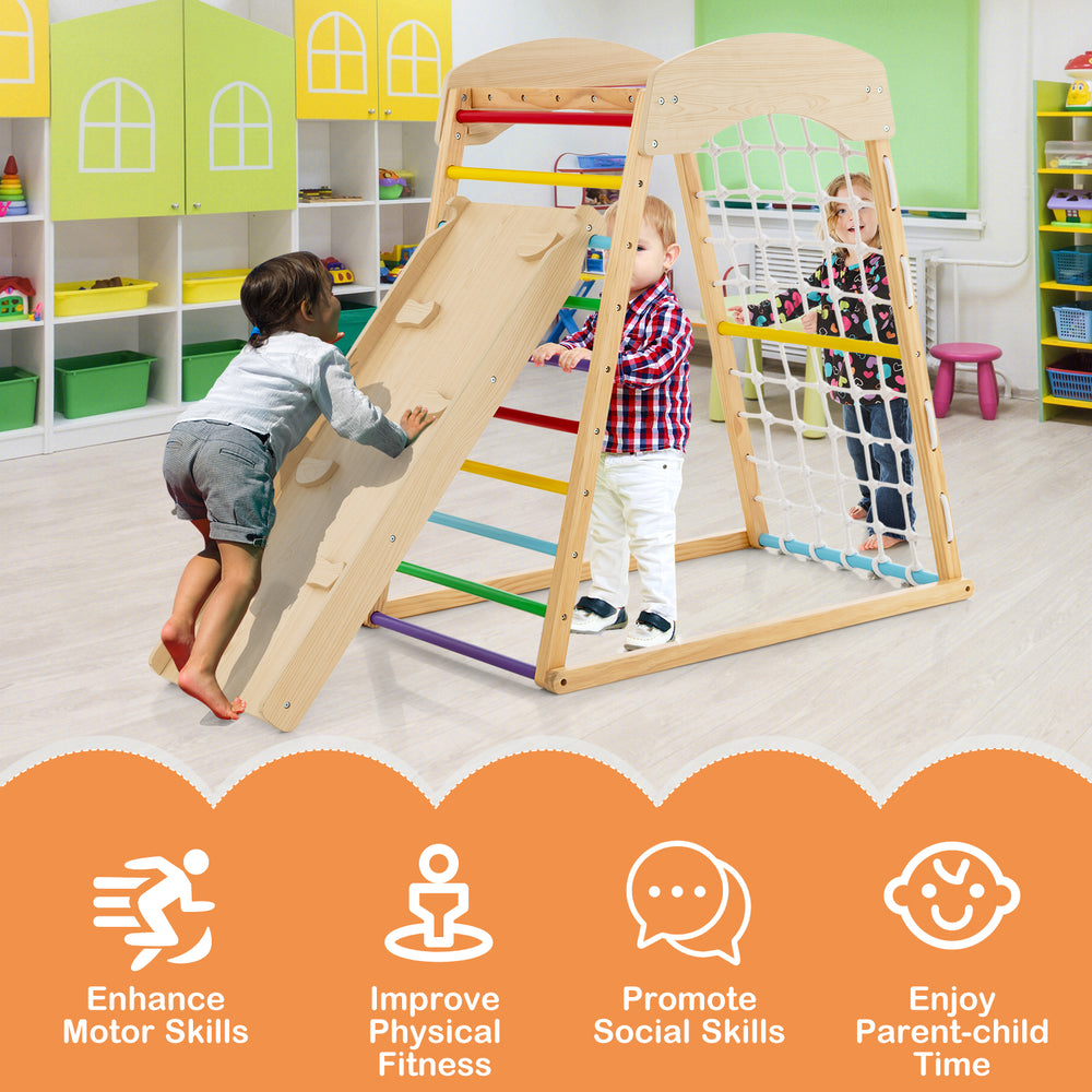 Wooden 6-in-1 jungle gym with double-sided ramp and monkey bars for indoor play, promoting motor and social skills.