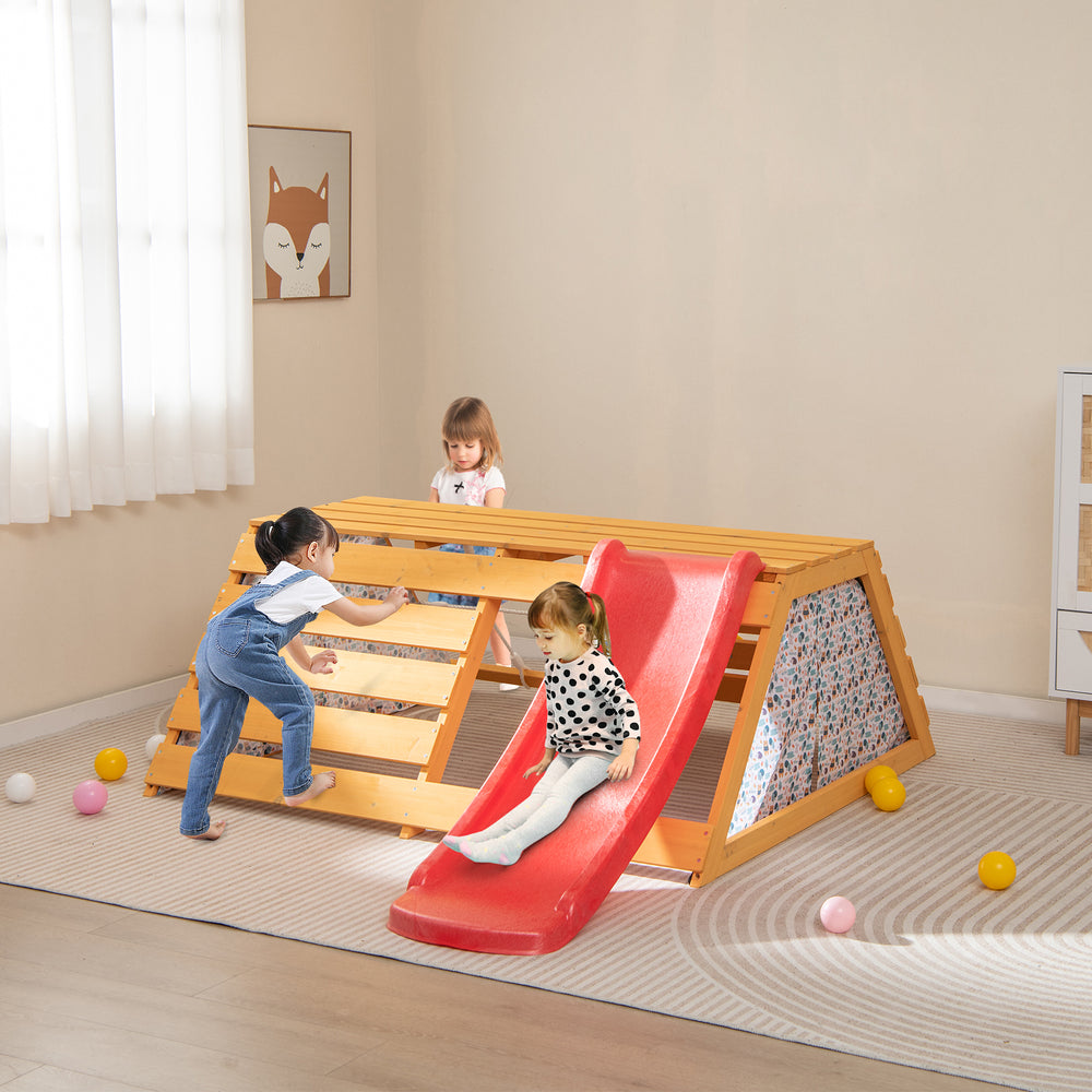 Wooden 5-in-1 jungle gym with slide and climbing wall, designed for indoor playrooms, safe for children aged 3 to 8.