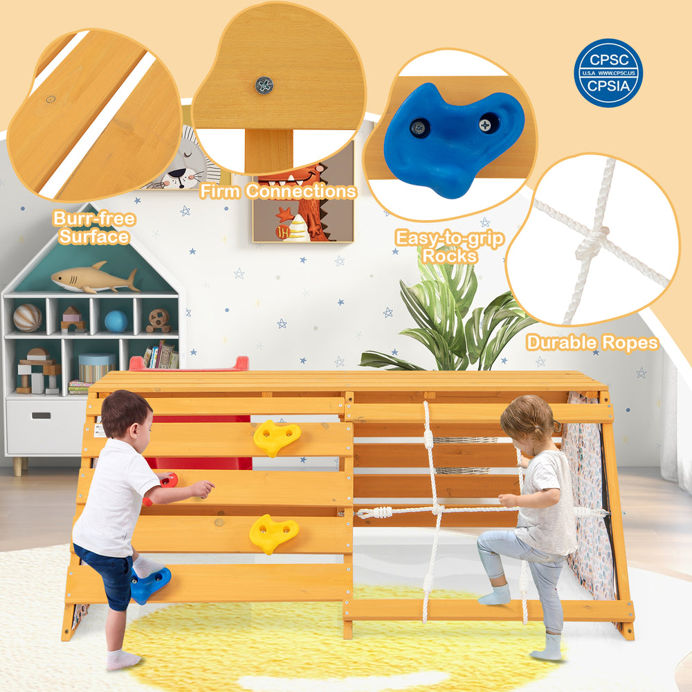 5-in-1 wooden jungle gym featuring a rock climbing wall, slide, and durable ropes for indoor play and exploration.