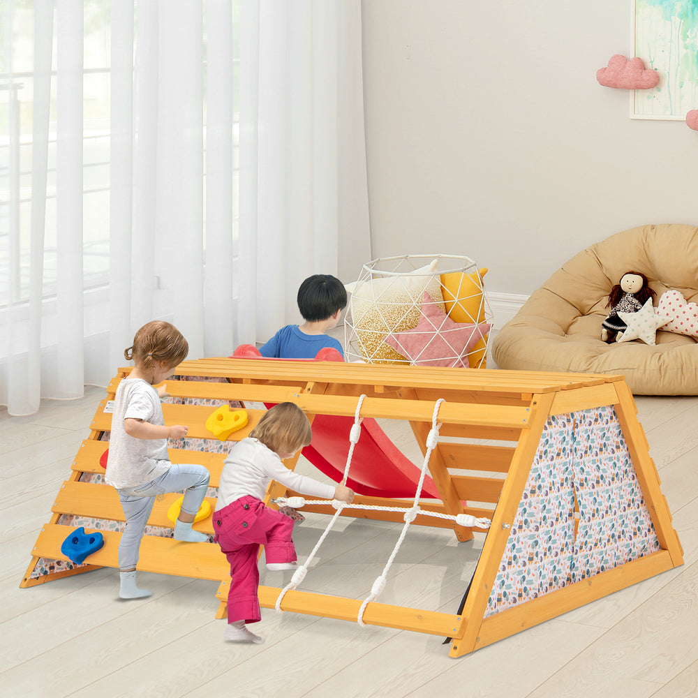 Wooden 5-in-1 jungle gym with slide, climbing wall, and rope for indoor play, perfect for children aged 3 to 8 years.