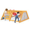Wooden 5-in-1 jungle gym with slide, rock climbing wall, and rope wall, perfect for indoor playrooms for kids aged 3-8.