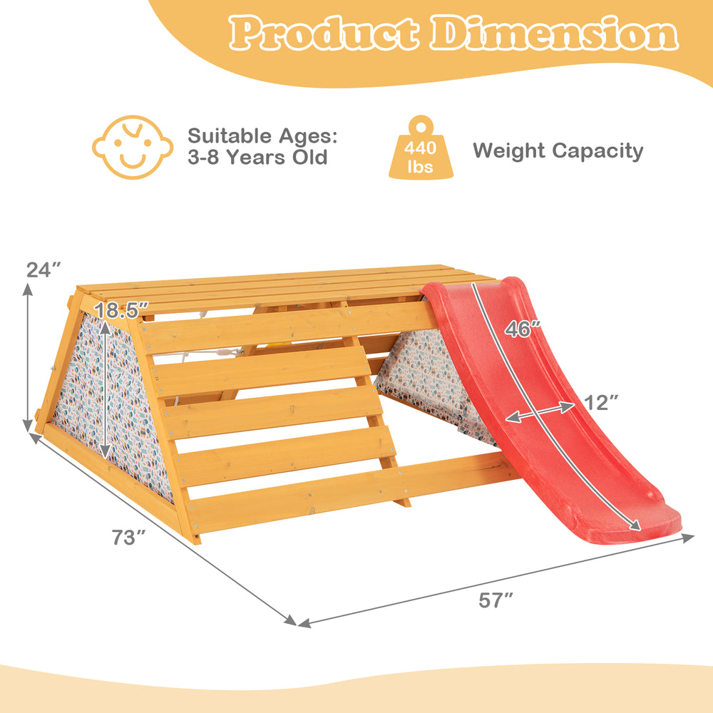 5-in-1 wooden jungle gym with slide and climbing wall, designed for kids aged 3-8, suitable for indoor playrooms.