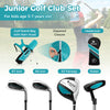 Junior golf club set in blue with stand bag, includes #3 fairway, #7 iron, and putter for kids aged 5-7 years old.
