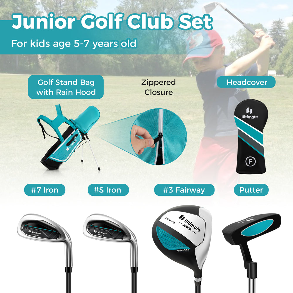 Junior golf club set in blue with stand bag, includes #3 fairway, #7 iron, and putter for kids aged 5-7 years old.