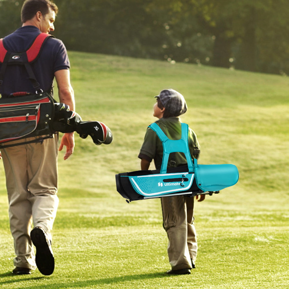 Junior golf club set in blue with stand bag, adjustable straps, and rain hood, perfect for kids aged 5-7.