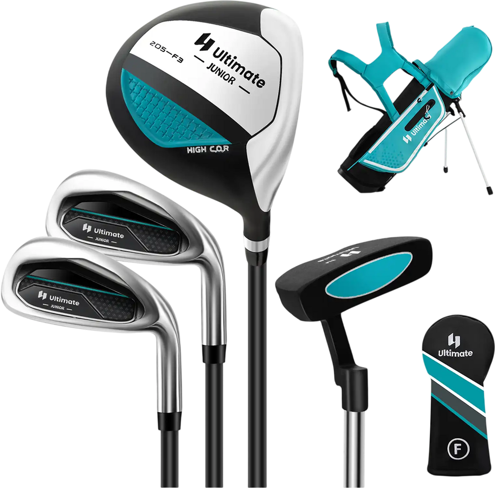 Junior complete golf club set for kids, featuring a lightweight stand bag, graphite shafts, and #3 fairway club with.