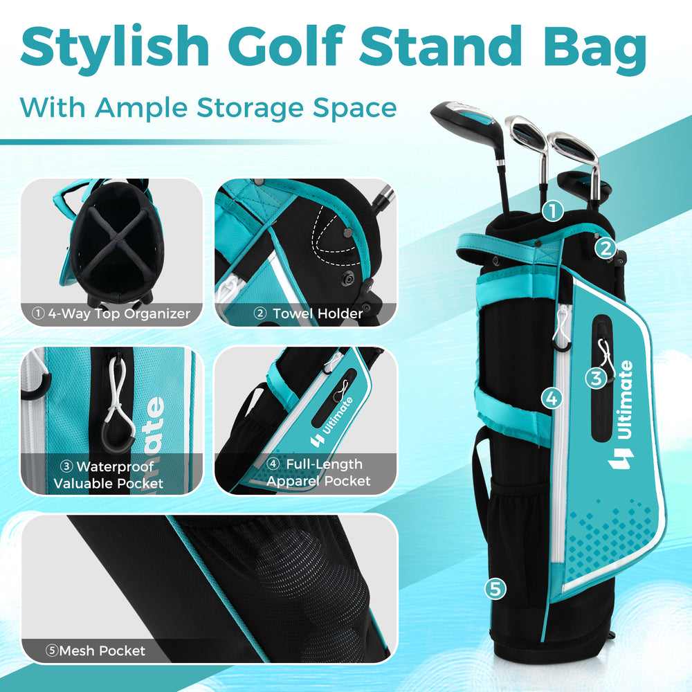 Junior golf stand bag in blue with 4-way top organizer, multiple pockets, and adjustable shoulder straps for kids.
