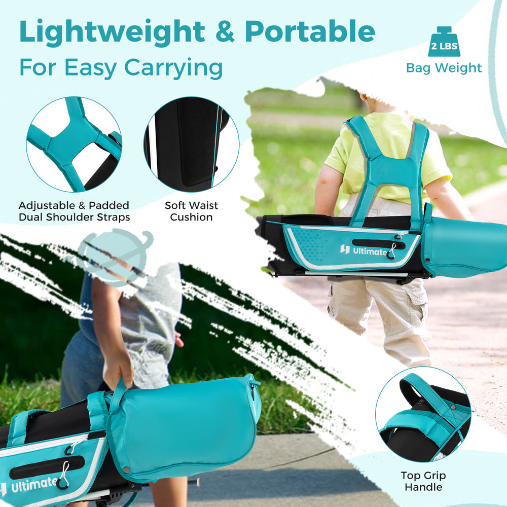 Junior golf club set in blue with adjustable shoulder straps, lightweight design, and rain hood for kids aged 5-7.