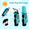 Junior complete golf club set in blue with stand bag, auto pop out legs, and rain hood for kids aged 5-7 years.