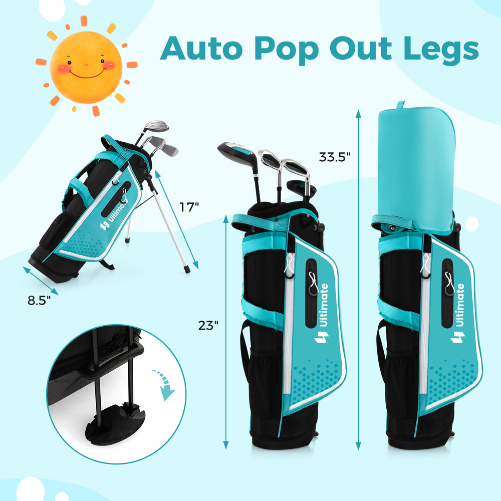 Junior complete golf club set in blue with stand bag, auto pop out legs, and rain hood for kids aged 5-7 years.
