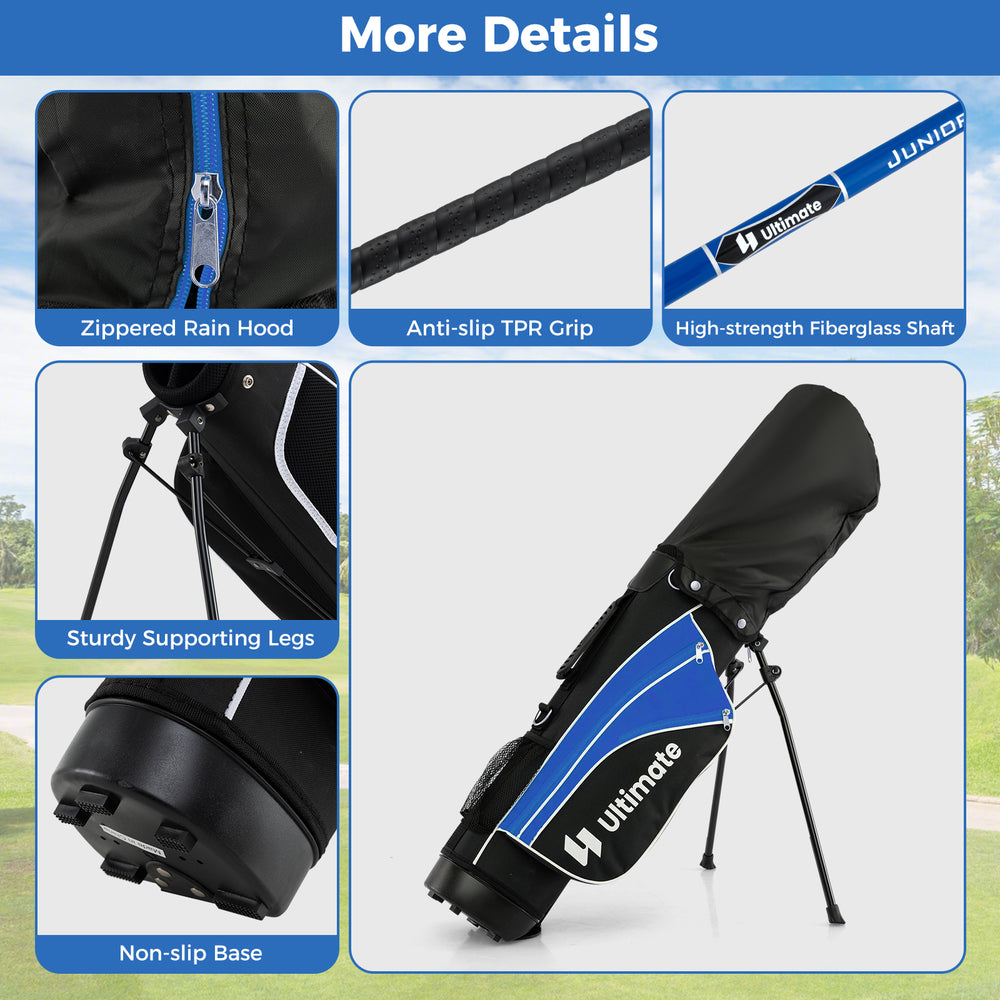 Junior golf club set featuring a blue design, fiberglass shaft, and anti-slip grip for kids aged 8 to 10.