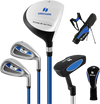 Junior complete golf club set for ages 8 to 10 in blue, featuring fiberglass and steel clubs for durability and.