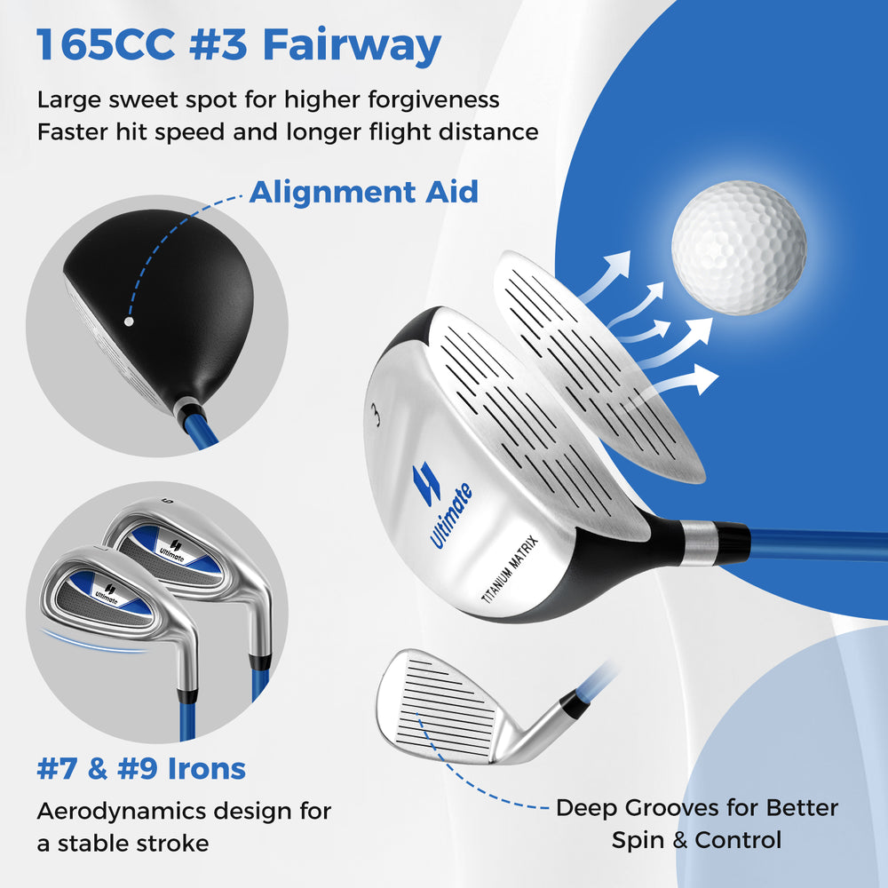 Junior golf club set featuring a 460cc fairway wood and lightweight fiberglass and steel clubs for ages 8 to 10.