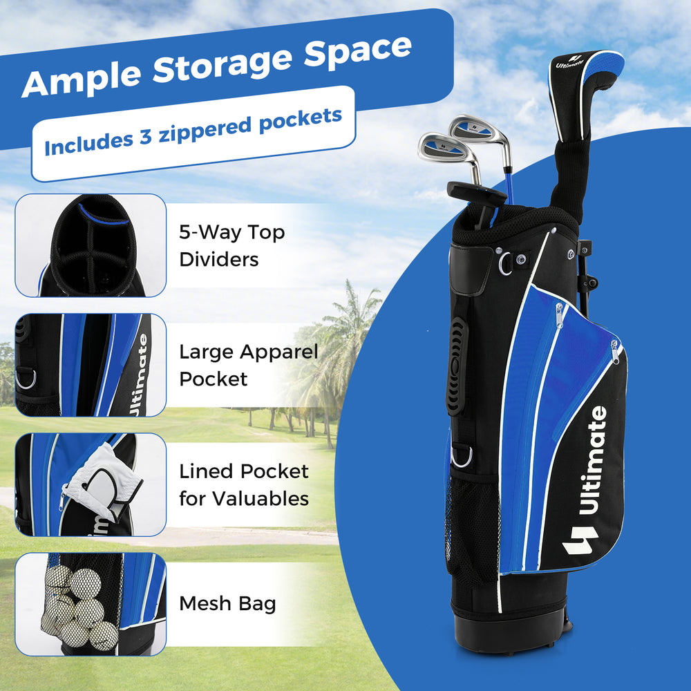 Junior complete golf club set in blue featuring fiberglass and steel clubs, designed for ages 8 to 10 for easy handling.