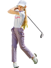 Junior golfer swinging a club with a pink complete golf club set and stand bag on the course, ideal for ages 11-13.