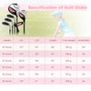 Junior complete golf club set in pink with stand bag, includes driver, hybrid, irons, and putter for kids aged 11-13.