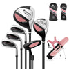 Close-up of the #1 driver and #5 hybrid from the junior golf club set, featuring pink accents and protective headcovers.