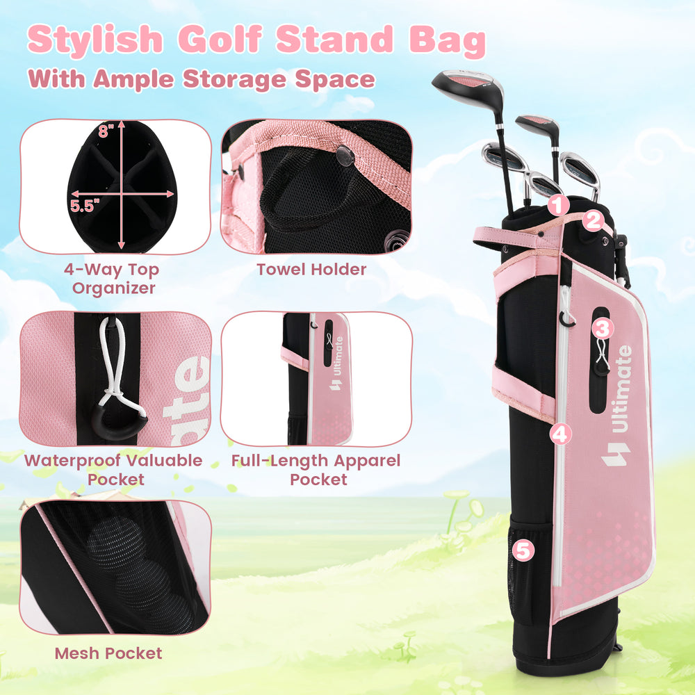Junior golf stand bag in pink with 4-way top organizer, multiple pockets, and adjustable padded straps for easy.