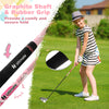 Junior golf club set in pink with graphite shafts, rubber grip, and stand bag for easy carrying on the course.