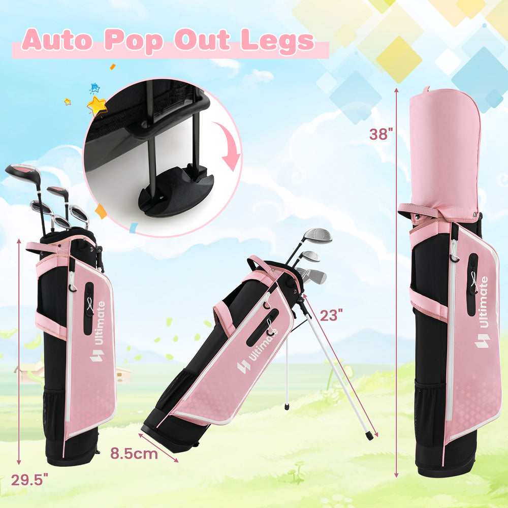 Junior golf club set in pink with stand bag, auto pop out legs, and multiple pockets for easy organization.