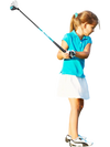 Junior golfer swinging a club from the Junior Complete Golf Club Set for kids aged 8-10, featuring a lightweight design.