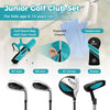 Junior golf club set for kids aged 8-10, featuring a blue stand bag, #1 driver, #7 iron, and putter with headcover.