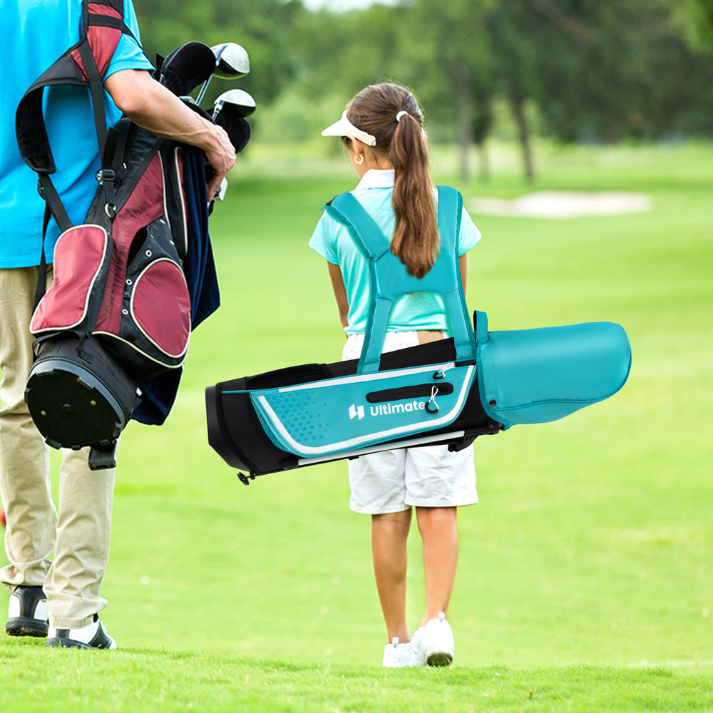Junior complete golf club set in blue, featuring a stand bag with adjustable straps, perfect for kids aged 8-10.