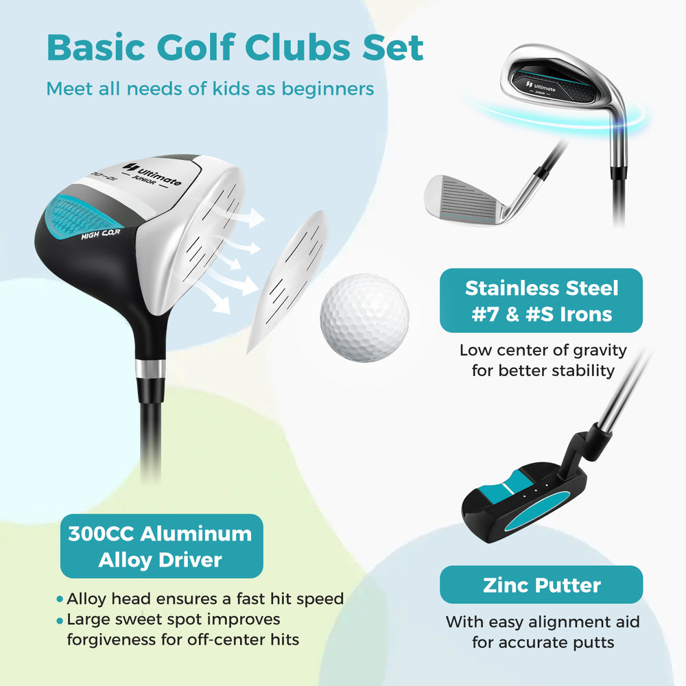 Junior complete golf club set for kids, featuring a lightweight stand bag, driver, irons, and putter for ages 8-10.