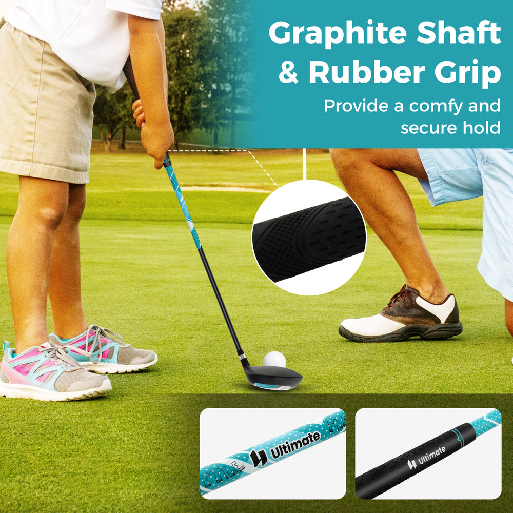 Junior complete golf club set with graphite shaft and rubber grip, designed for kids aged 8-10, featuring a stand bag.