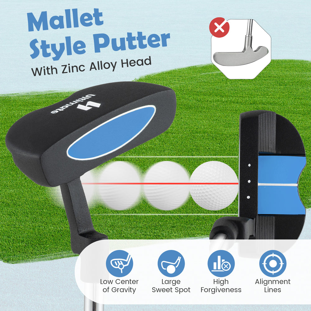 Junior mallet putter with zinc alloy head, designed for kids 11-14, featuring a large sweet spot and alignment aid.