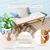 48-inch acacia wood outdoor bench with thick padded seat cushion, featuring a washable cover and fixing straps for.
