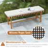 Acacia wood outdoor bench with thick padded seat cushion and woven rope design, ideal for garden or entryway seating.