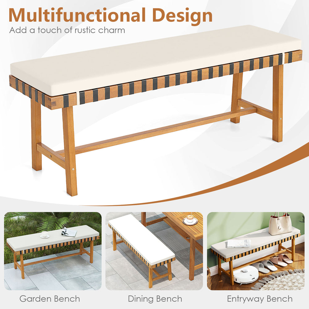 48-inch acacia wood outdoor bench with thick padded seat cushion, ideal for garden, dining, or entryway use.