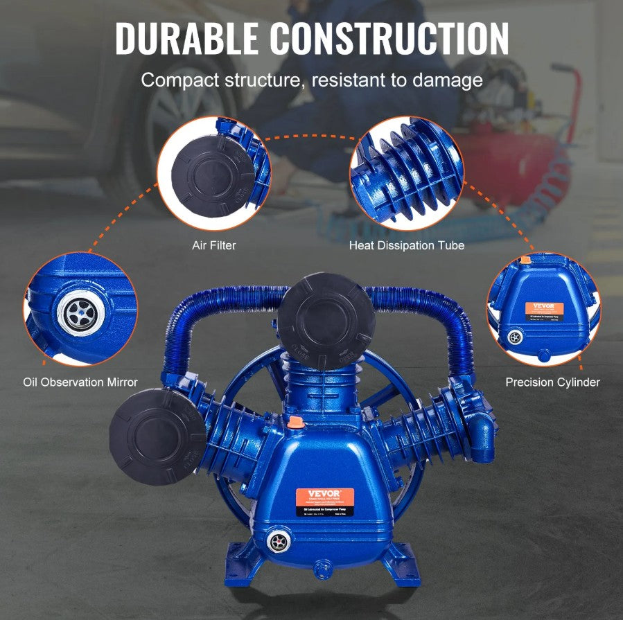 Vevor 10HP 3-Cylinder Air Compressor Pump Head 17.5CFM @ 90PSI Dual-Stage Piston Pump New