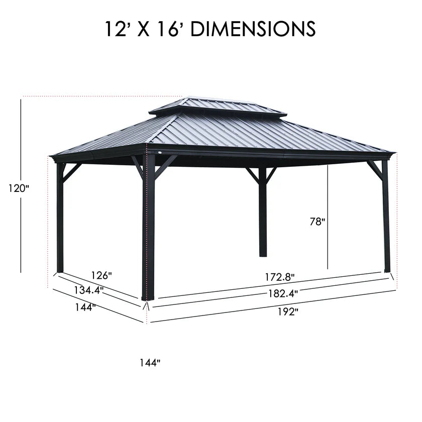 Kozyard Alexander Gazebo 12' x 16' Aluminum Double Roof Hardtop with Gutters New