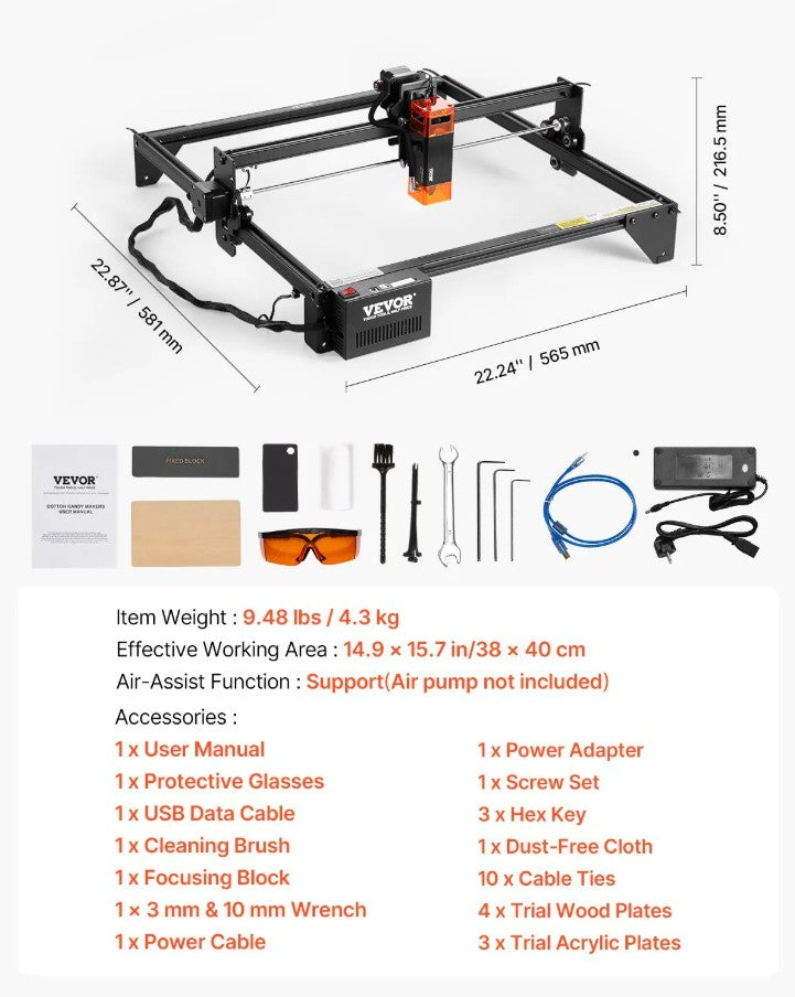 Vevor Laser Engraving Machine 15" × 15.75" Work Area 5W Compressed Spot Eye Protection New