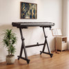 Adjustable black keyboard stand for 49-88 keys electric pianos, featuring a robust frame and locking wheels for stability.