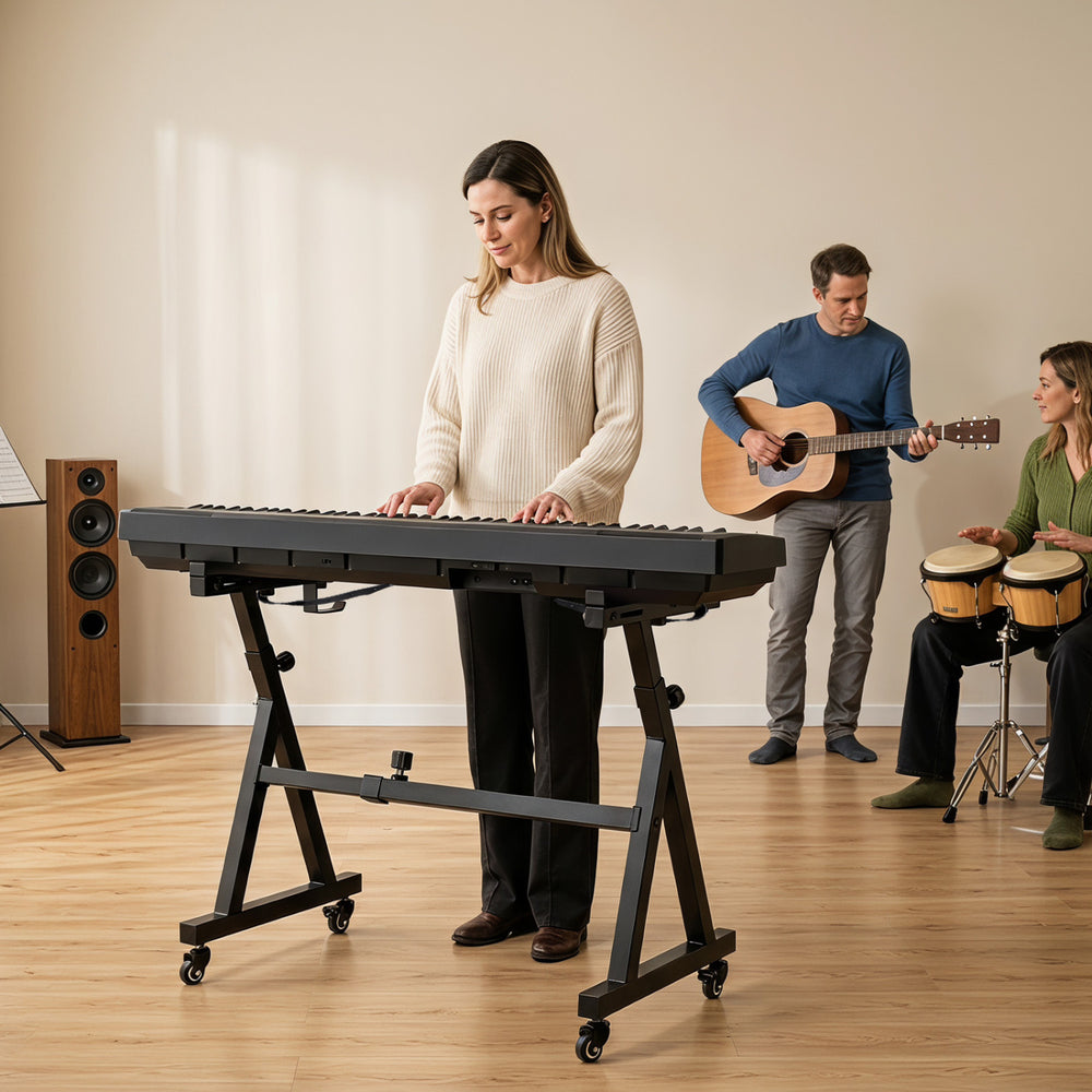 Adjustable keyboard stand in black, suitable for 49 to 88 keys electric pianos, ideal for home and live performances.
