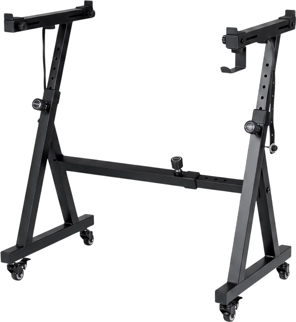 Adjustable black keyboard stand with Z-shaped metal frame, suitable for 49-88 keys electric pianos, perfect for performances.
