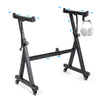 Adjustable black keyboard stand with Z-shaped frame, suitable for 49-88 keys, featuring wheels and headphone hook.