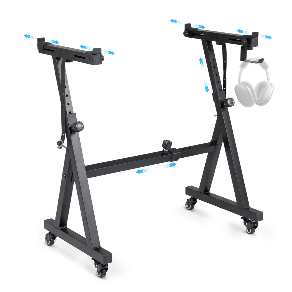 Adjustable black keyboard stand with Z-shaped frame, suitable for 49-88 keys, featuring wheels and headphone hook.
