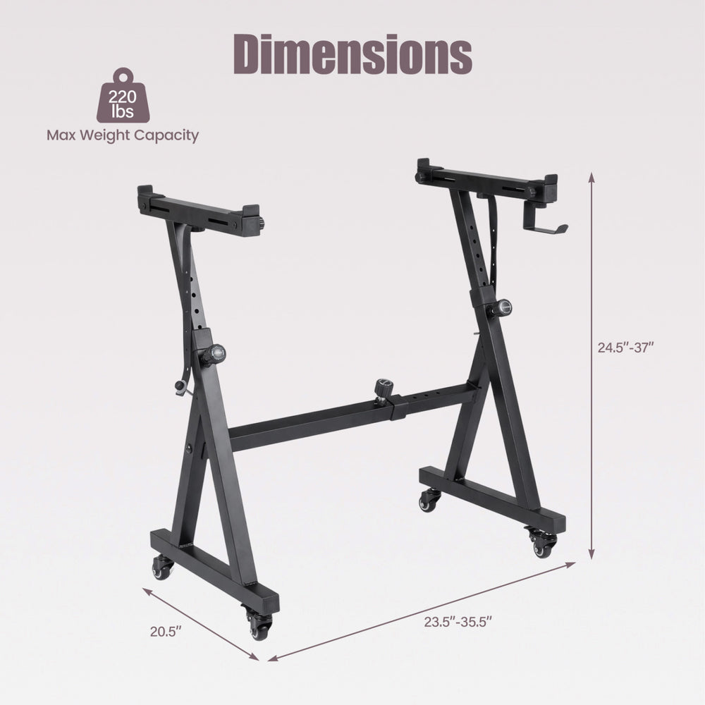 Adjustable keyboard stand in black, with a height of 24.5"-37" and width of 23.5"-35.5", supports up to 220 lbs.