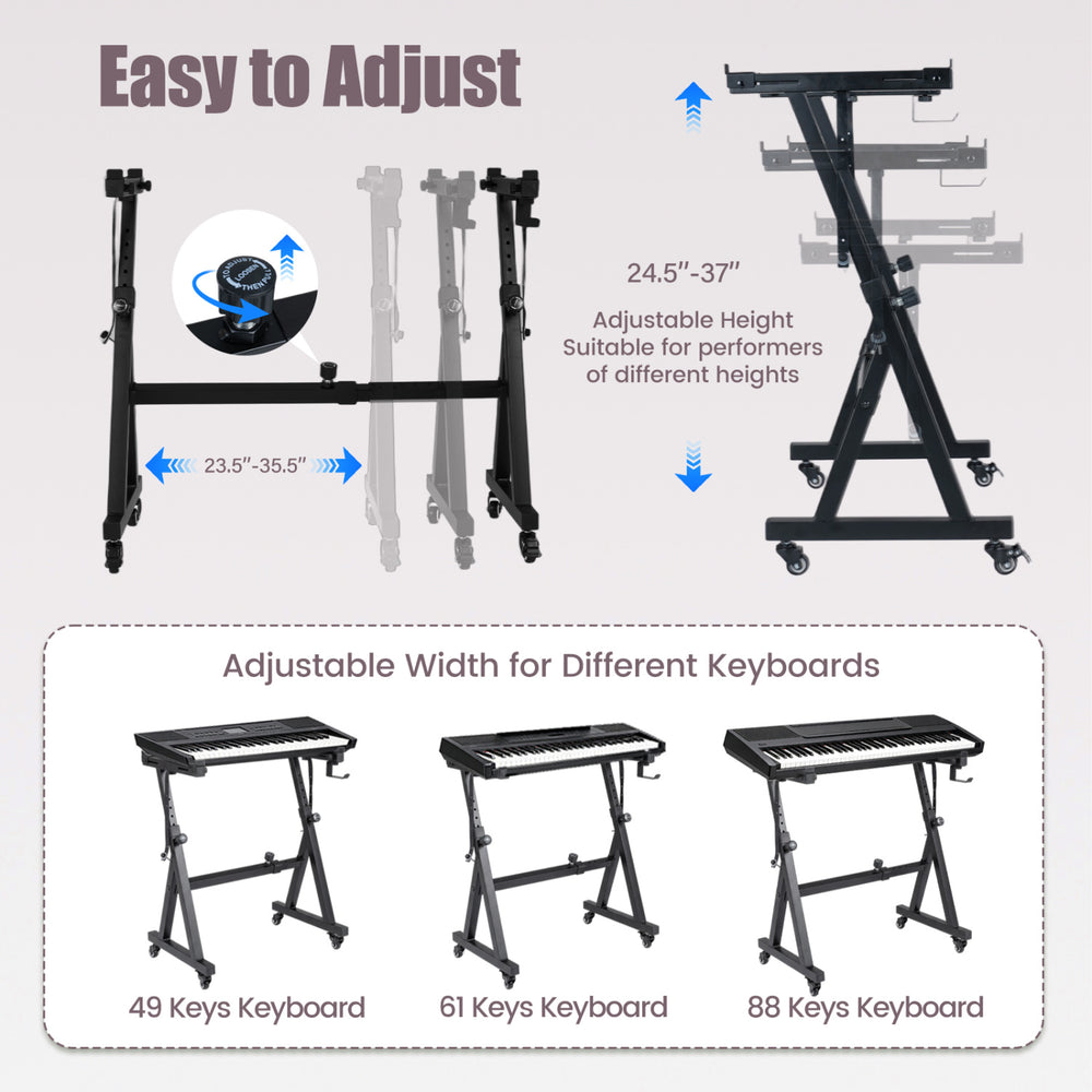 Adjustable keyboard stand in black fits 49, 61, and 88 keys with height and width adjustments for versatile performance.