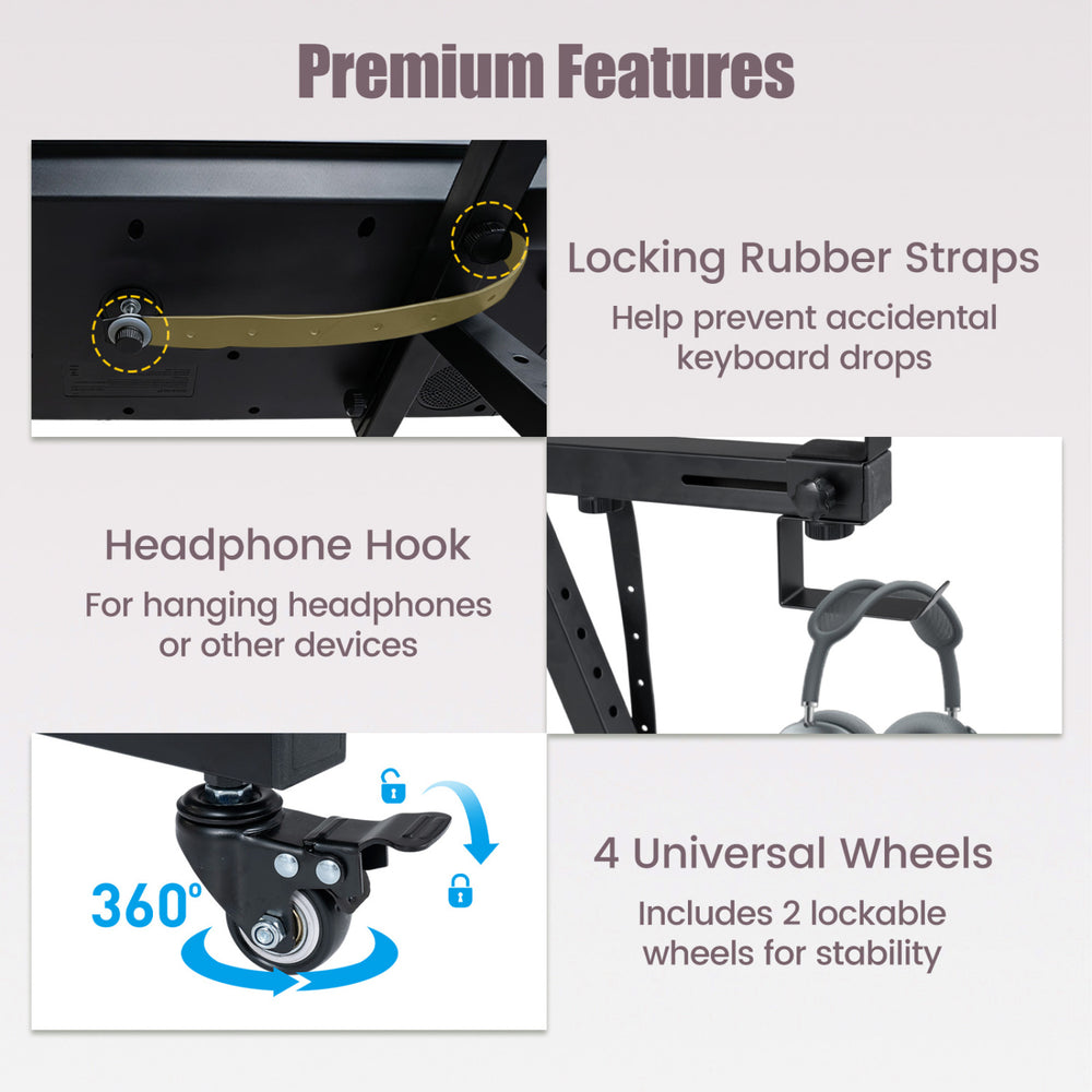 Locking rubber straps and headphone hook featured on a black adjustable keyboard stand with universal wheels for stability.