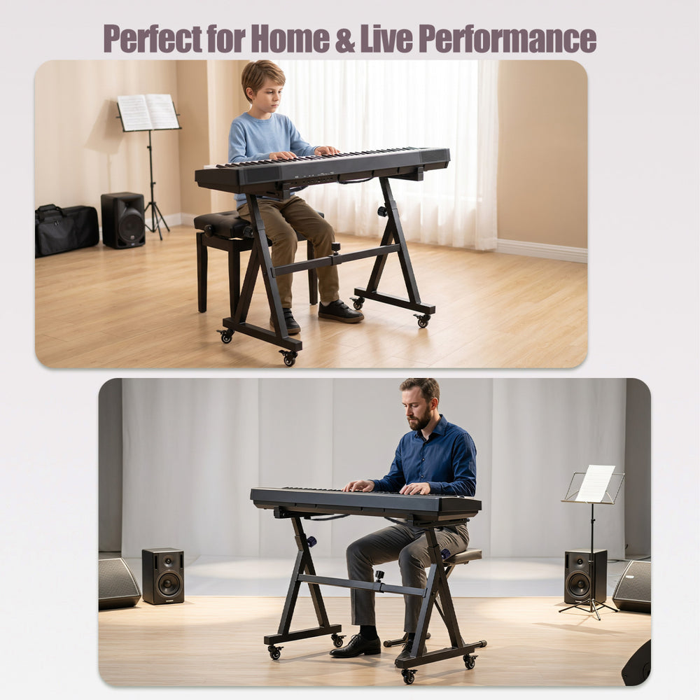 Adjustable keyboard stand in black, suitable for 49-88 keys, perfect for home and live performance.